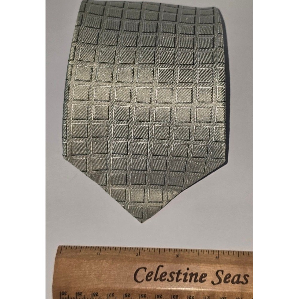 Vintage Pierre Cardin 100% Silk 90s Geometric Retro Tie Sage Green Grey 4" Wide - Picture 5 of 5